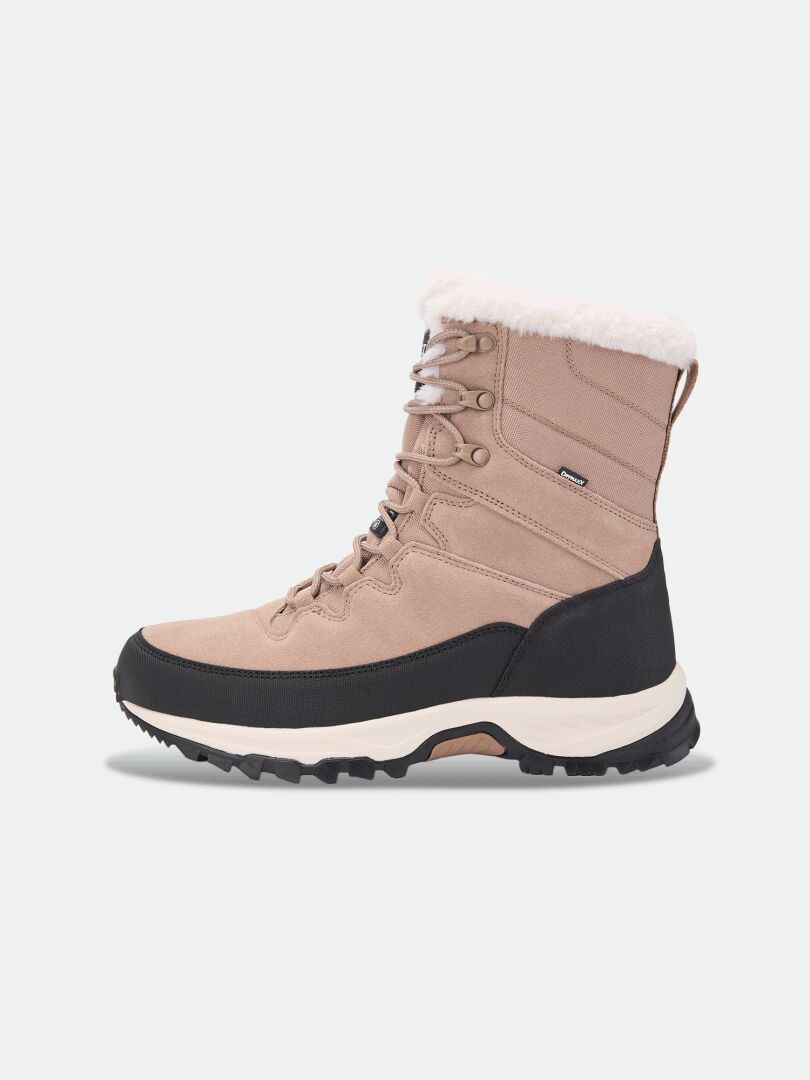 Halti Tornio 2 DX vinterstövlar i beige med krage av fuskpäls, svart stänkskydd och gummiyta med mönster.