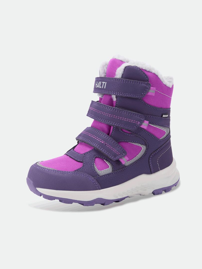 Halti Reiss 3 DX vinterskor för barn: lila-rosa, vattentäta, tre kardborreband, vit sula och mjukt vitt foder.