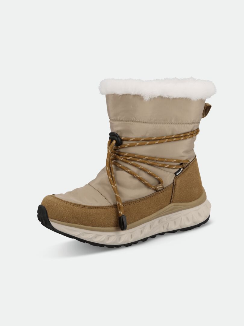 Halti Skene DX Vinterskor Dam: beige, vattentät, vitt fuskpälsfoder, detaljer i brun mocka, bruna skosnören.