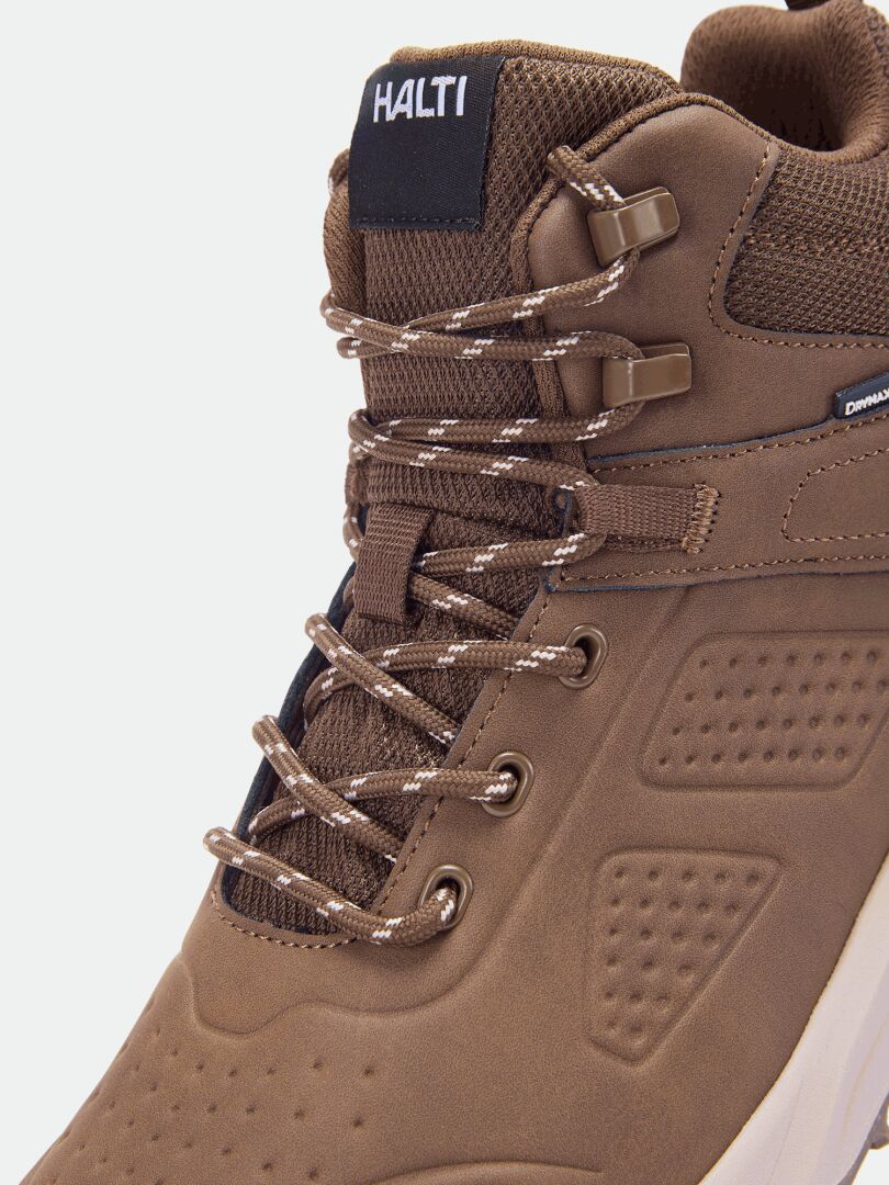 Närbild på Morgam Mid DX Skor Herr från Halti med mönstrade skosnören och DrymaxX-membran som ger vattentäthet.