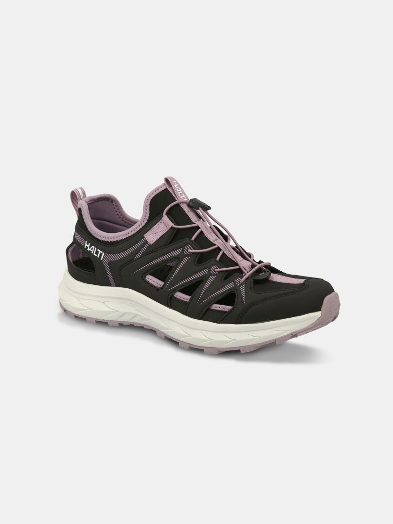 Halti Seili Hybrid Sandal Dam i svart/lavendel har meshpaneler, bungee-snören och en vit sula.