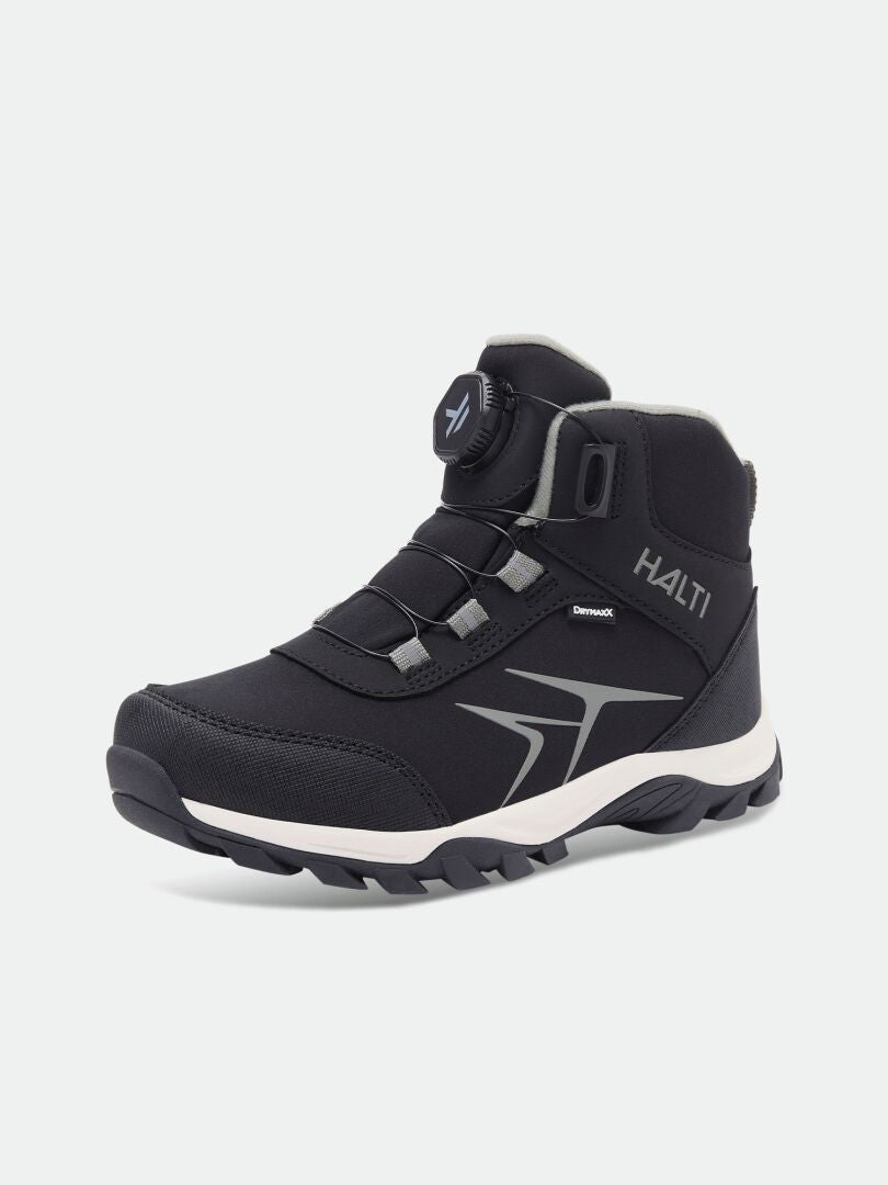 Tribe Dada DX Outdoor Skor Junior – svarta höga kängor med ett justerbart spännsystem, vit mönstrad sula och DrymaxX-membran.