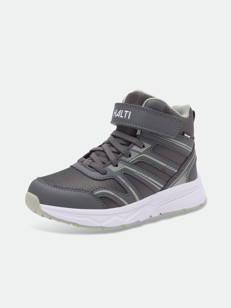 Halti Zuma Mid DX: grå juniorsneakers med mesh och kardborreband – perfekta som lätta sneakers för barn.