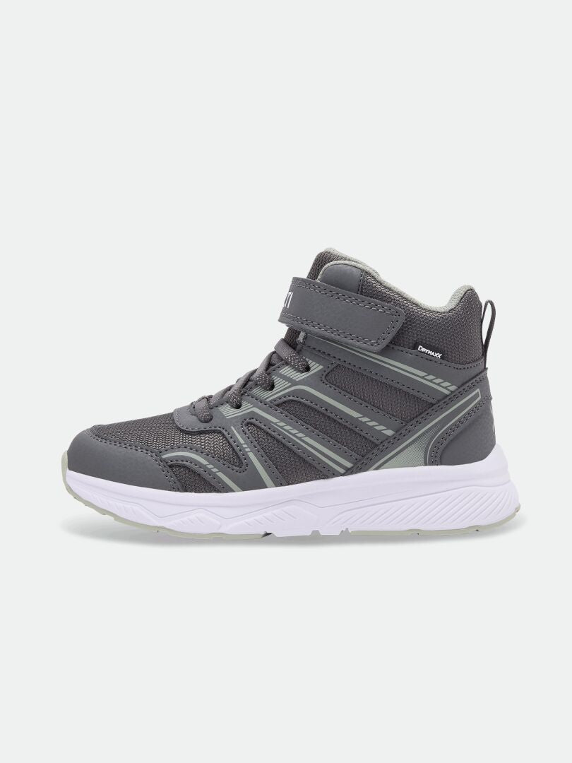 Halti Zuma Mid DX Sneaker Junior: grå högskor, kardborreband, nätpaneler, vit sula, vy i profil.