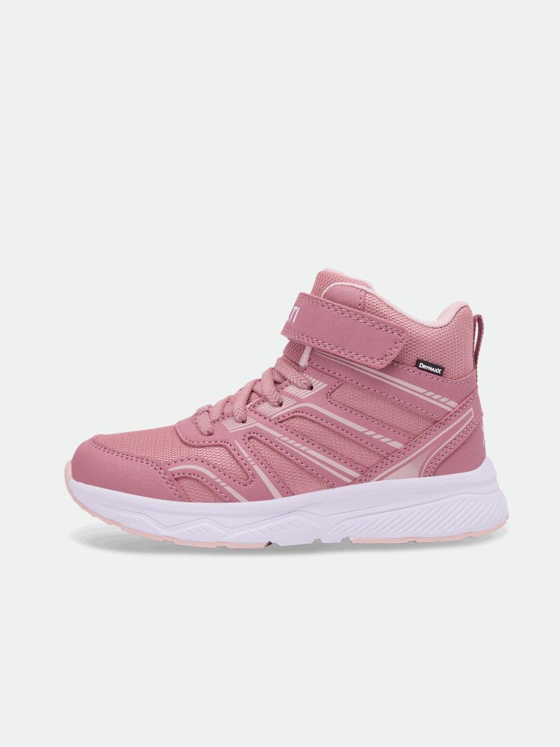 Halti Zuma Mid DX Sneaker Junior: rosa mid-top-sneaker med vit sula och kardborreband, sedd från sidan mot en enfärgad bakgrund.