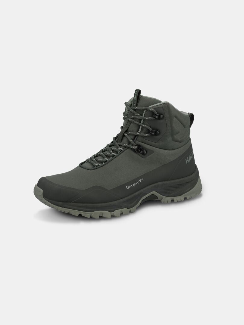 En enskild Halti Fara 4 DX Mid Outdoorskor Herr-känga, mörkgrön, slitstark sula, DuraX+-logotyp, svarta skosnören mot enfärgad bakgrund.