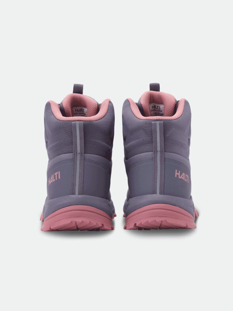 Halti Fara 4 DX Mid utomhusskor för damer i grått och rosa, visade bakifrån, är perfekta som vattentäta friluftsskor.