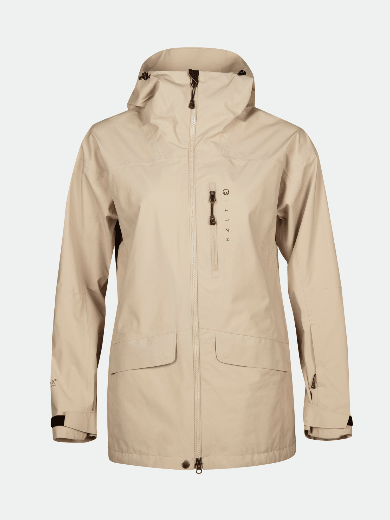 Halti Settler 3L DrymaxX skidjacka dam: beige, med huva, bröstficka och justerbara ventilerande muddar.