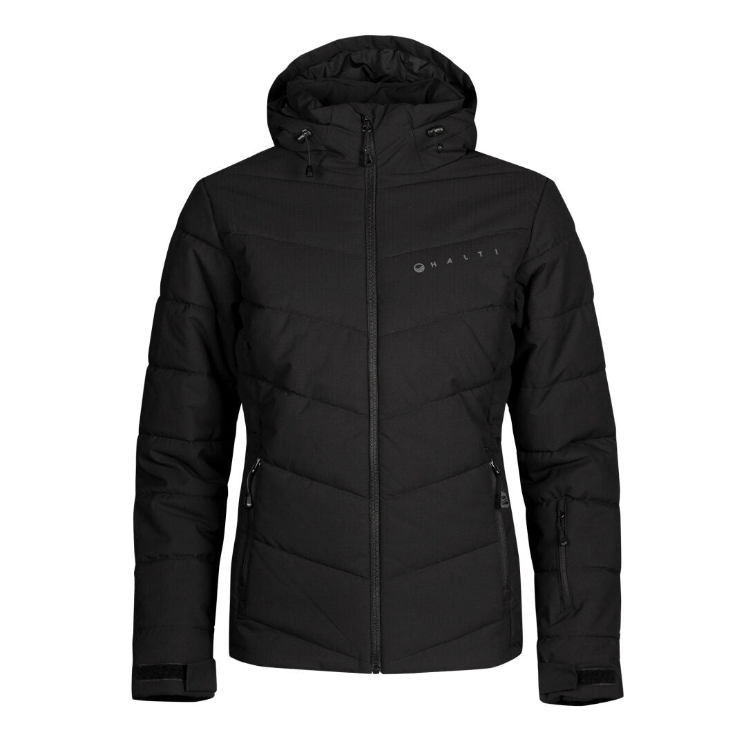 Halti Mellow Puffer Skidjacka Dam – svart, quiltad skidjacka med huva, DrymaxX®, dragkedja fram och 2 sidfickor.