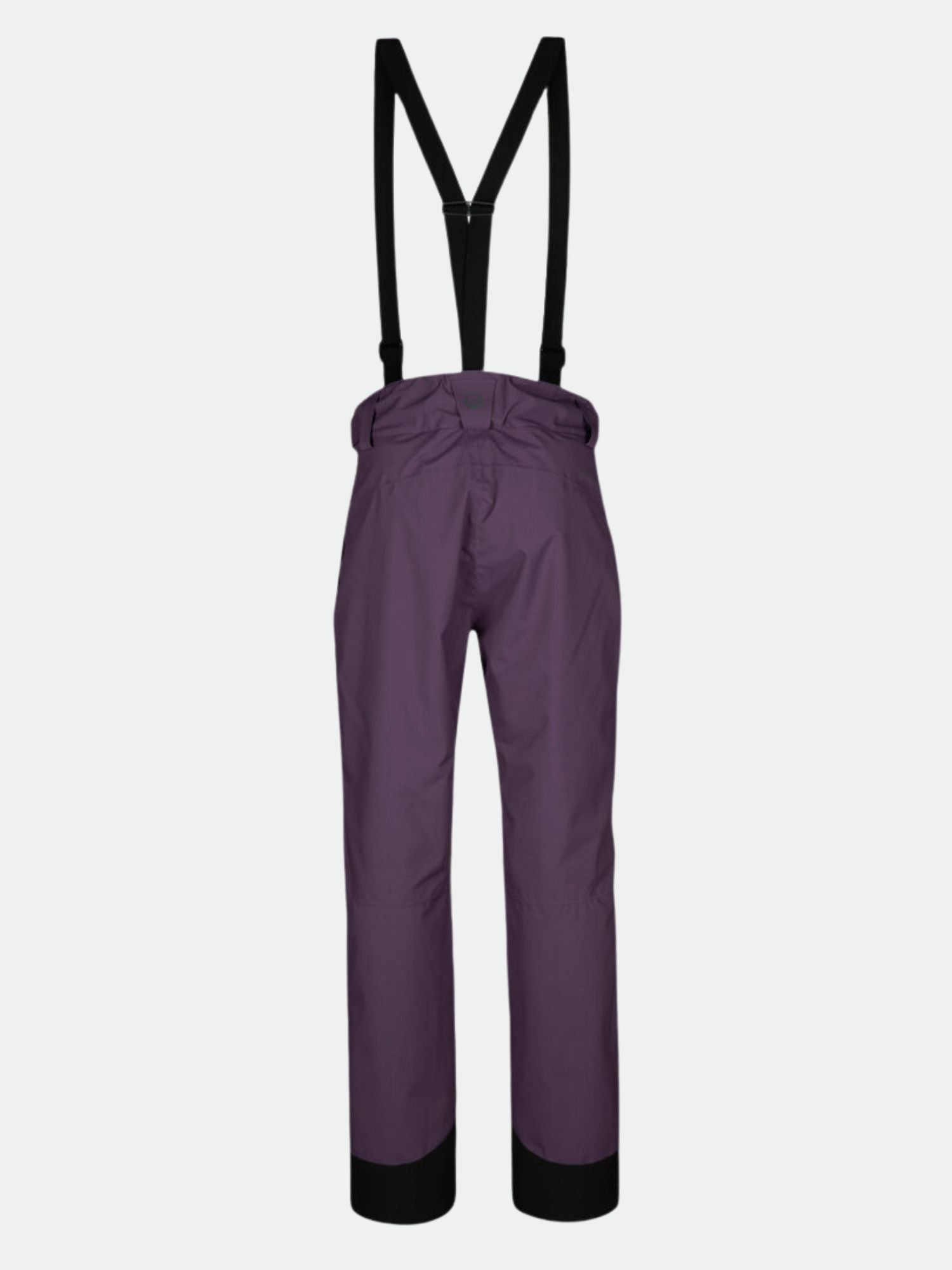 Carvey DrymaxX skidbyxor dam från Halti i lila med svarta hängslen, vatten- och vindtäta, bakifrån mot ljus bakgrund.