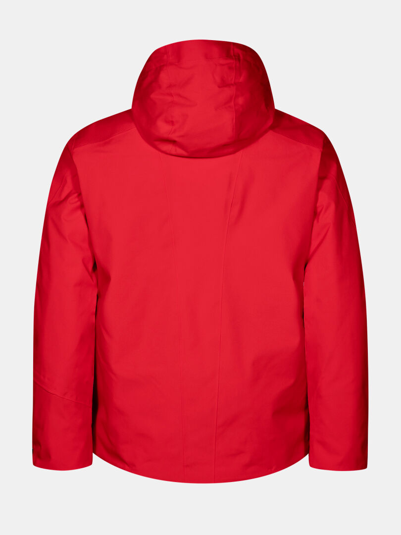 Baksidan av en röd Halti Vertica DX Skidjacka Herr med en huva i PrimaLoft Silver.
