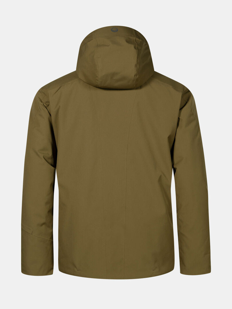 Halti Vertica DX Skidjacka Herr i olivgrönt, med huva och vattentät, fotograferad bakifrån mot ljusgrå bakgrund.