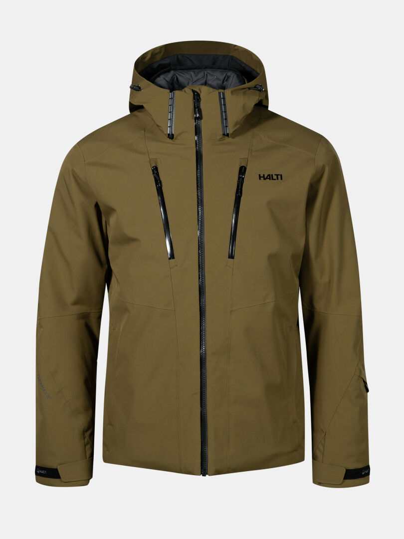 Halti Vertica DX Skidjacka Herr i olivgrönt med svarta dragkedjor, Primaloft-vaddering och HALTI-logotyp på bröstet mot slät bakgrund.