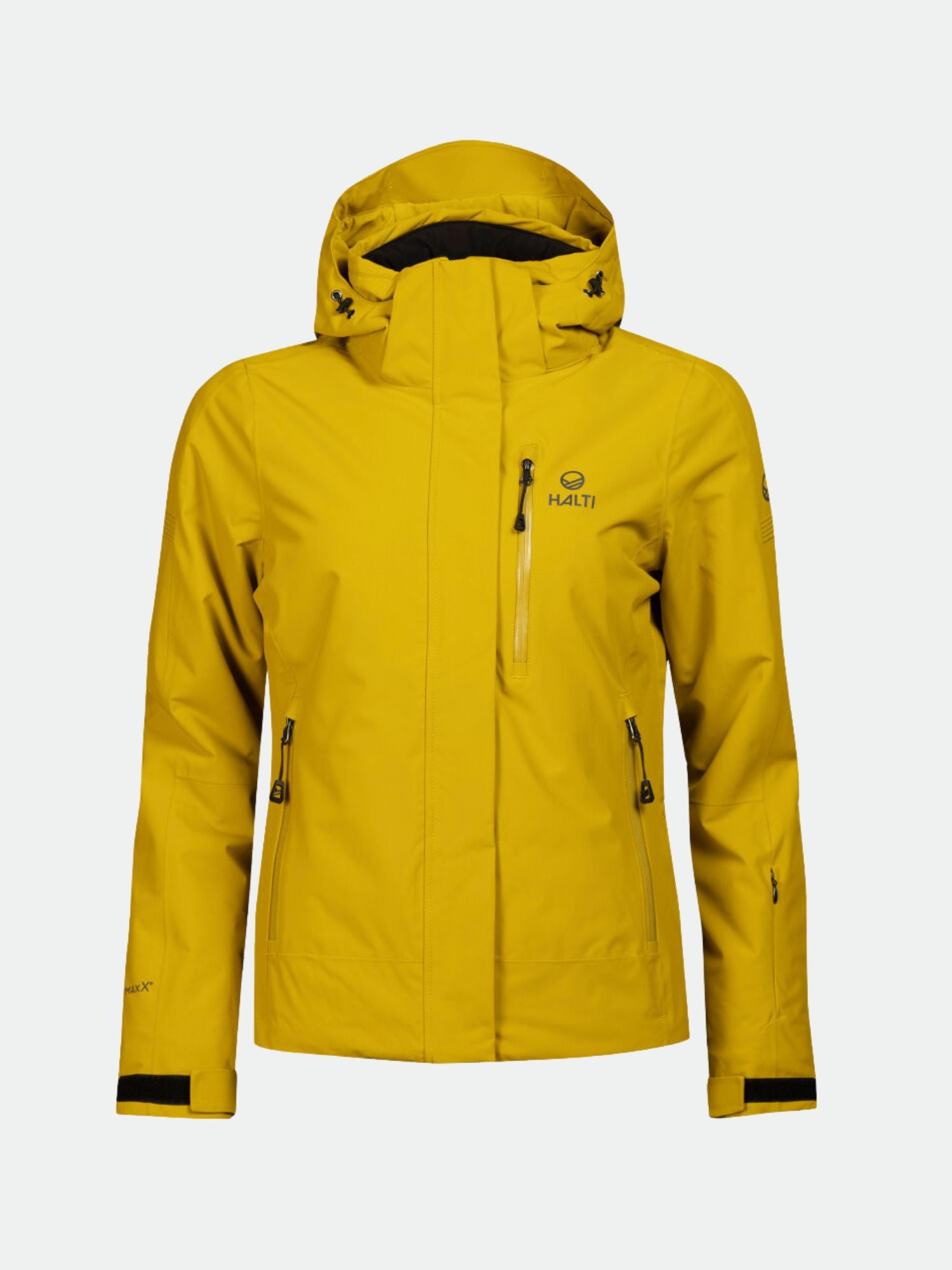 Halti Radius DrymaxX Skidjacka Dam: gul, vind- och vattentät med huva, svarta detaljer och återvunnen polyester.