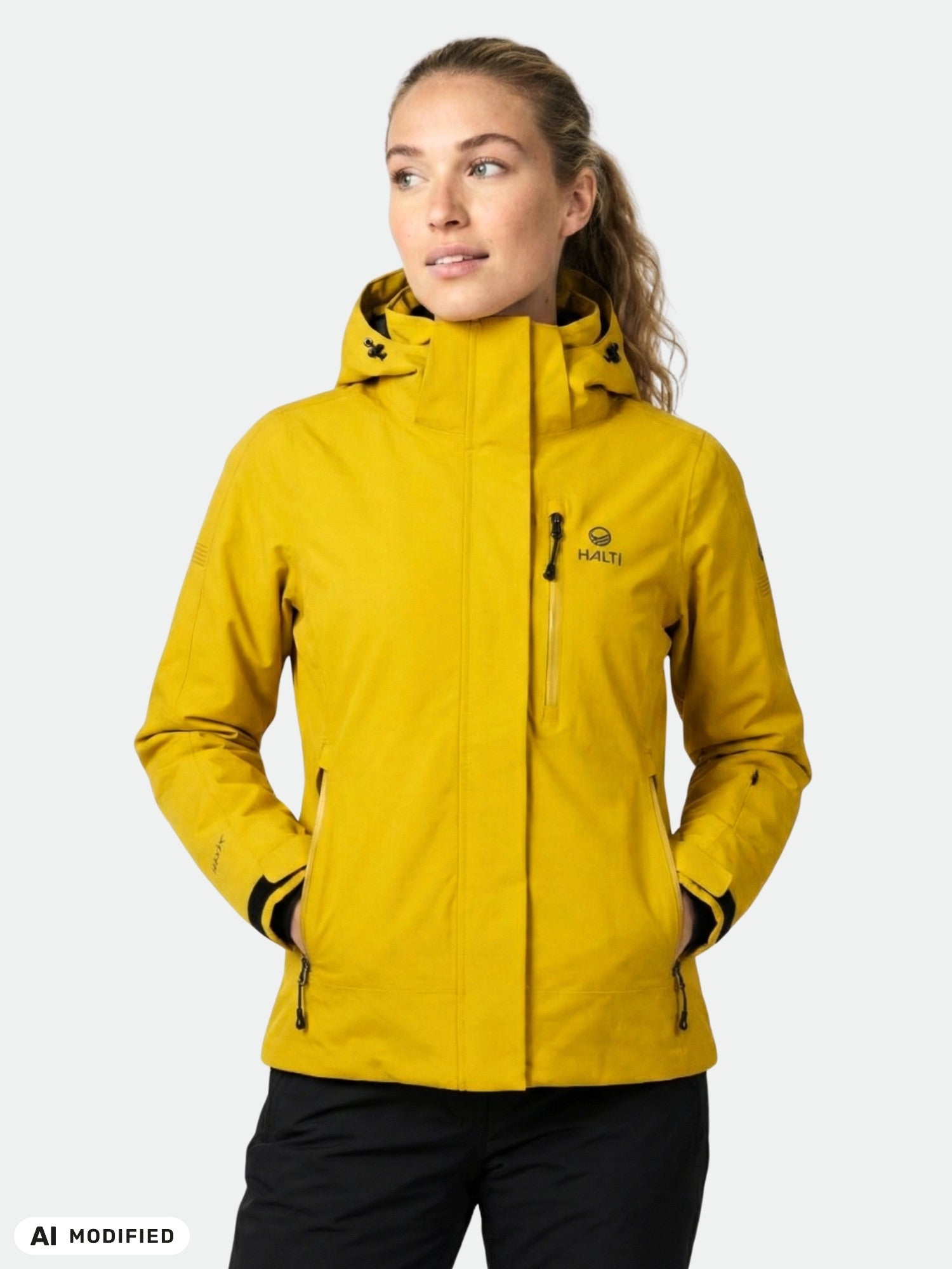 En kvinna i en gul Halti Radius DX Skidjacka Dam, tillverkad av återvunnen polyester, står med händerna i fickorna och blickar åt sidan.
