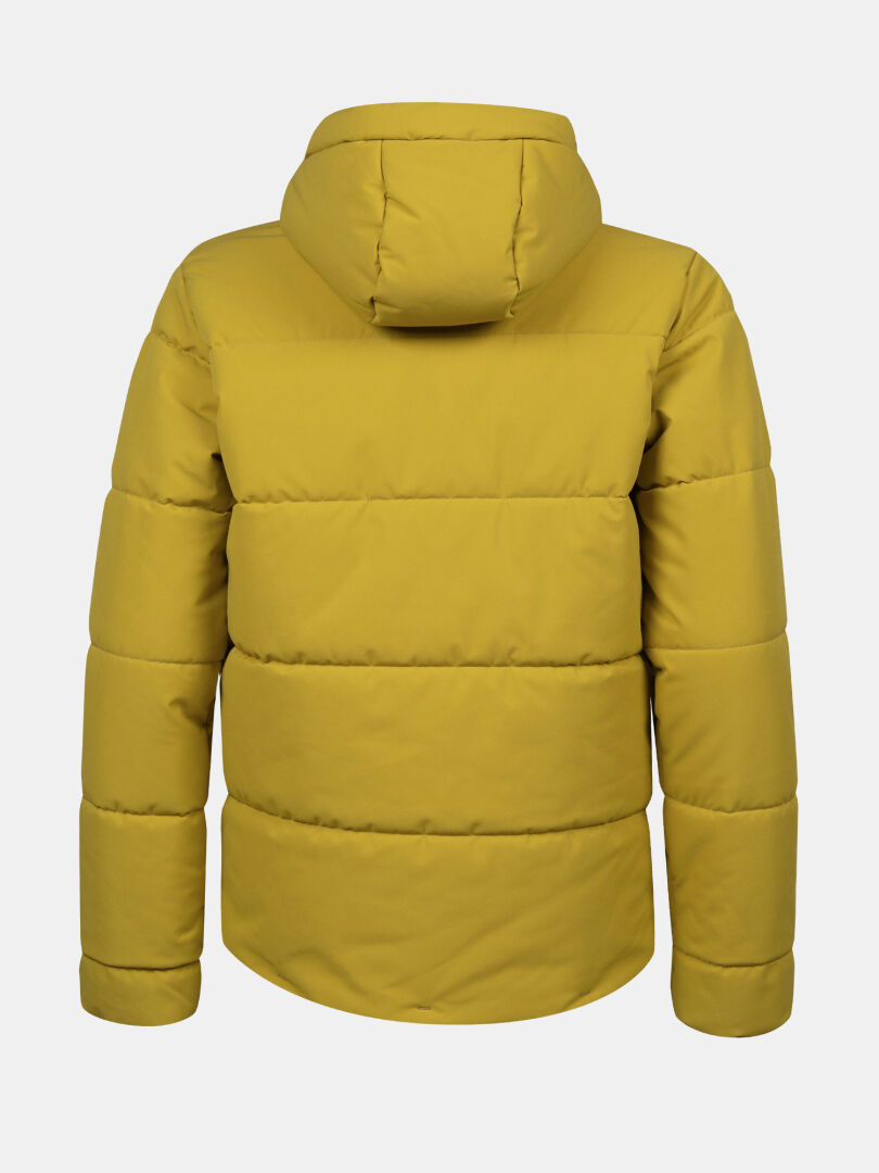 Halti Ascale Puffer Skidjacka Dam i gult med huva, sedd bakifrån mot en enfärgad vit bakgrund.