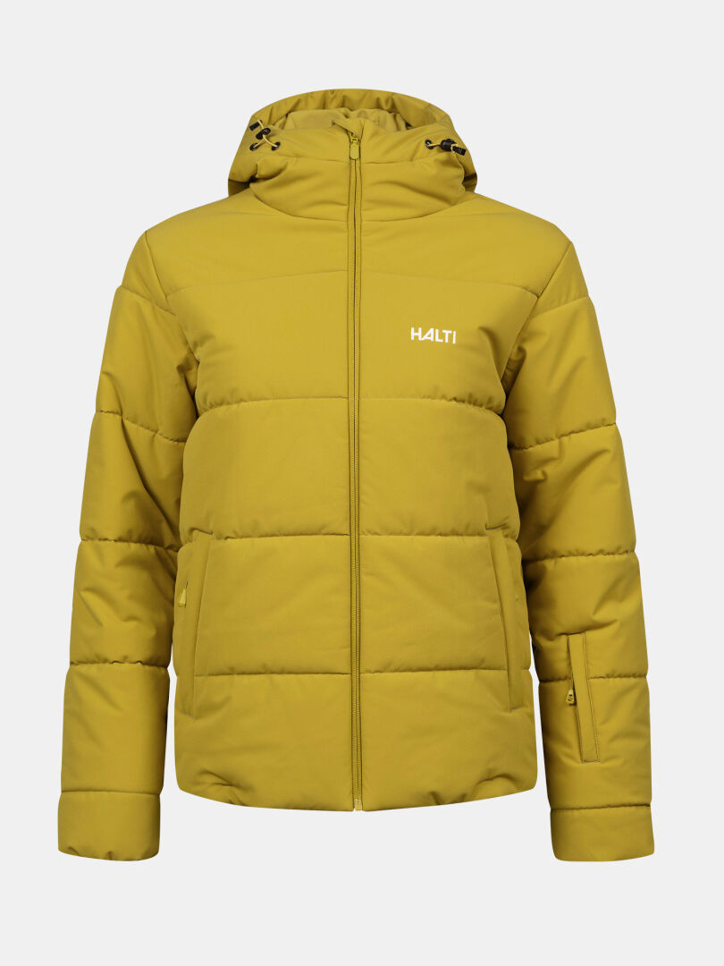 Halti Ascale Puffer Skidjacka Dam i gult med huva, dragkedja fram, fickor och logo på bröstet, på enfärgad bakgrund.