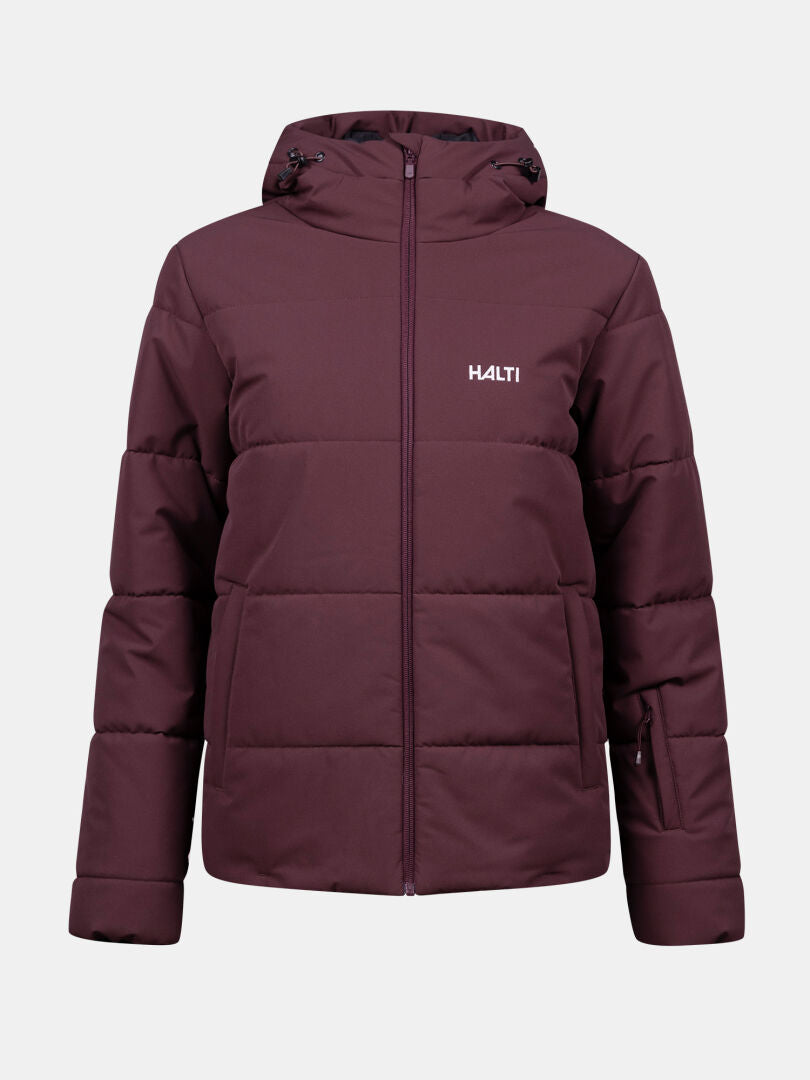 Halti Ascale Puffer Skidjacka Dam Plus med huva, dragkedja fram och logotyp på bröstet visas mot enfärgad bakgrund.