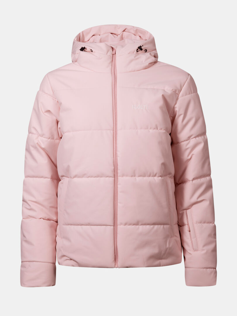 Halti Ascale Puffer Skidjacka Dam Plus i ljusrosa har huva, dragkedja fram och fickor på en enfärgad bakgrund.