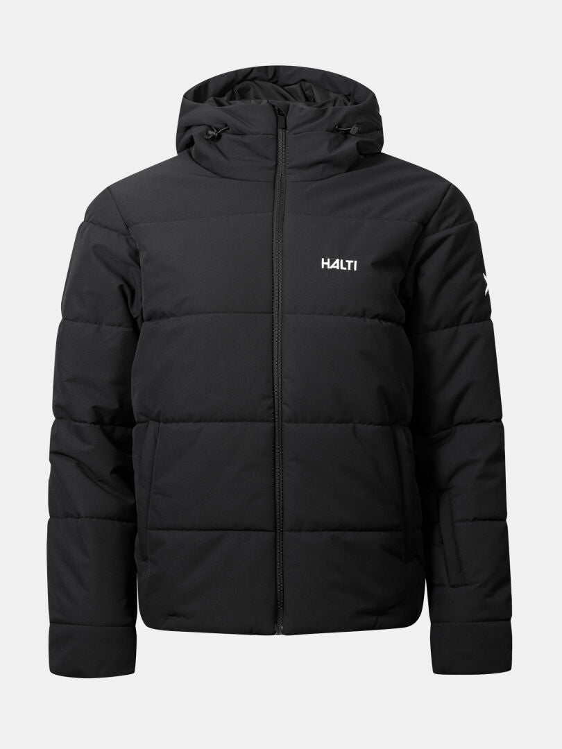 Ascale Puffer Skidjacka Dam Plus från Halti är en svart plus size-jacka med huva, dragkedja fram och Microtherm Arcty-fyllning.