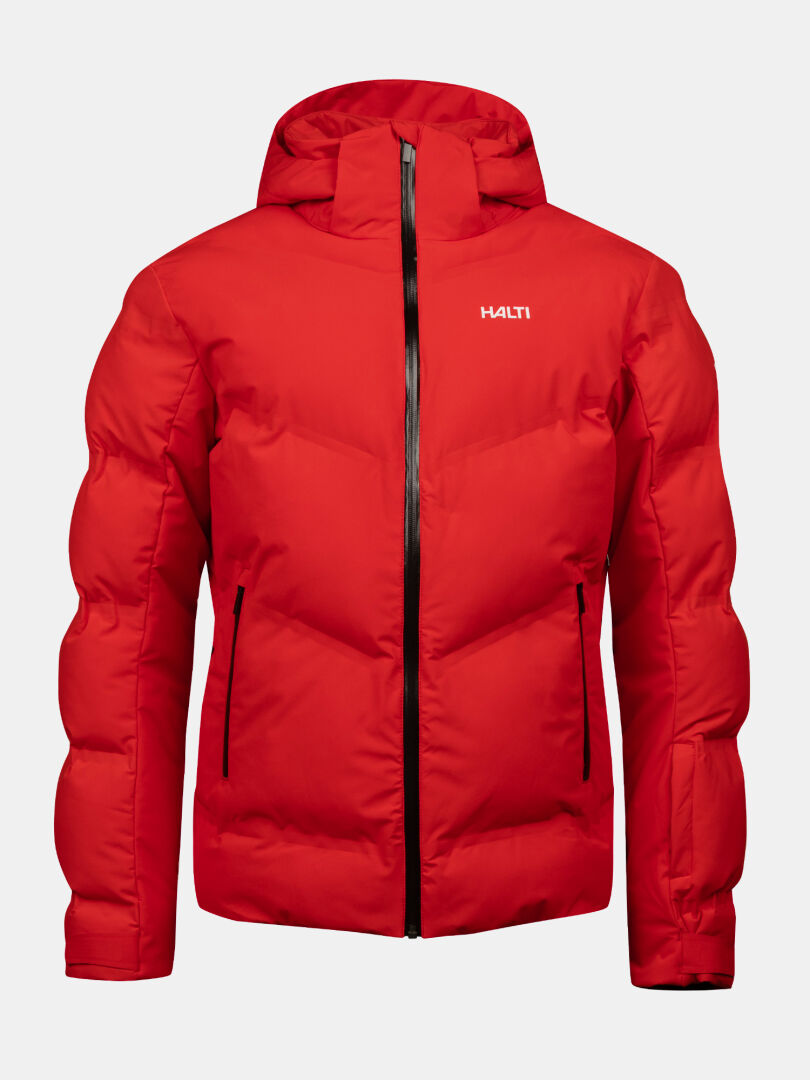 Halti Nordic Arcty II Skijacka Herr-röd puffer med huva, svarta dragkedjor och Halti-logotyp på bröstet.