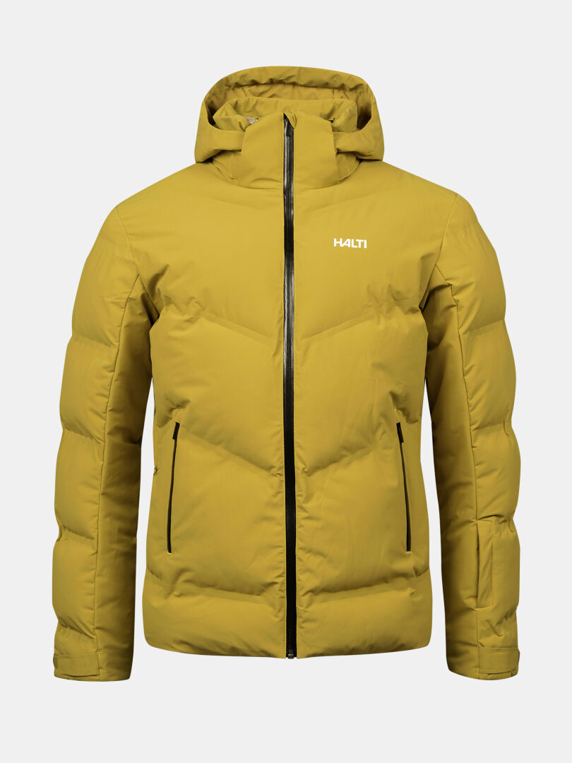 Halti Nordic Arcty II Skijacka Herr är en gul puffer med huva, svarta dragkedjor och vattentätt tyg.