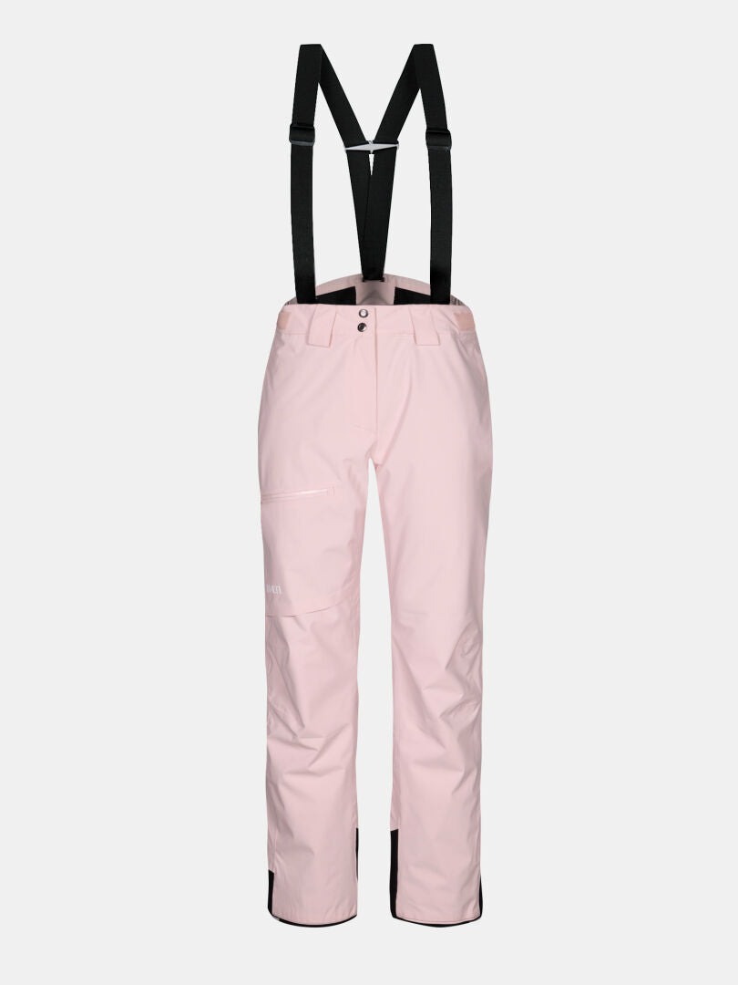 Halti Carvey II DX Dam skidbyxor: vattentäta, ljusrosa med svarta hängslen, knäppning fram & förstärkta benslut.
