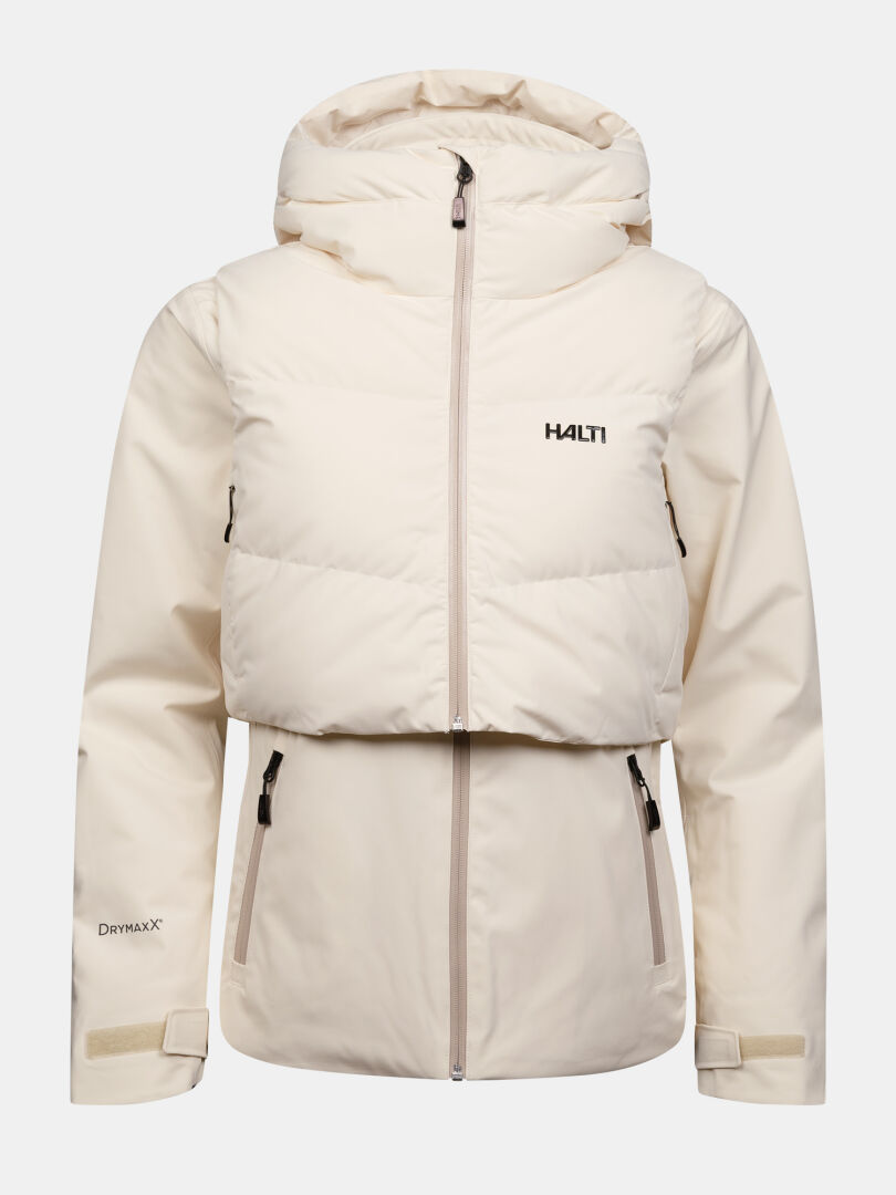 Off-white Halti Varion 2-i-1 DX skidjacka för dam med avtagbar väst, fickor med dragkedja och huva.