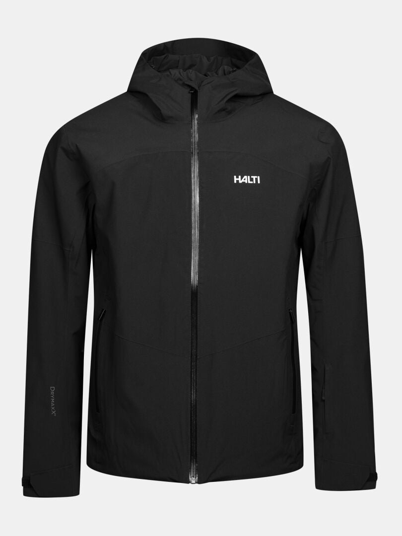 Svart Halti Melvik II DX Skidjacka för herr med huva, en skaljacka med dragkedja fram och logotyp på bröstet.