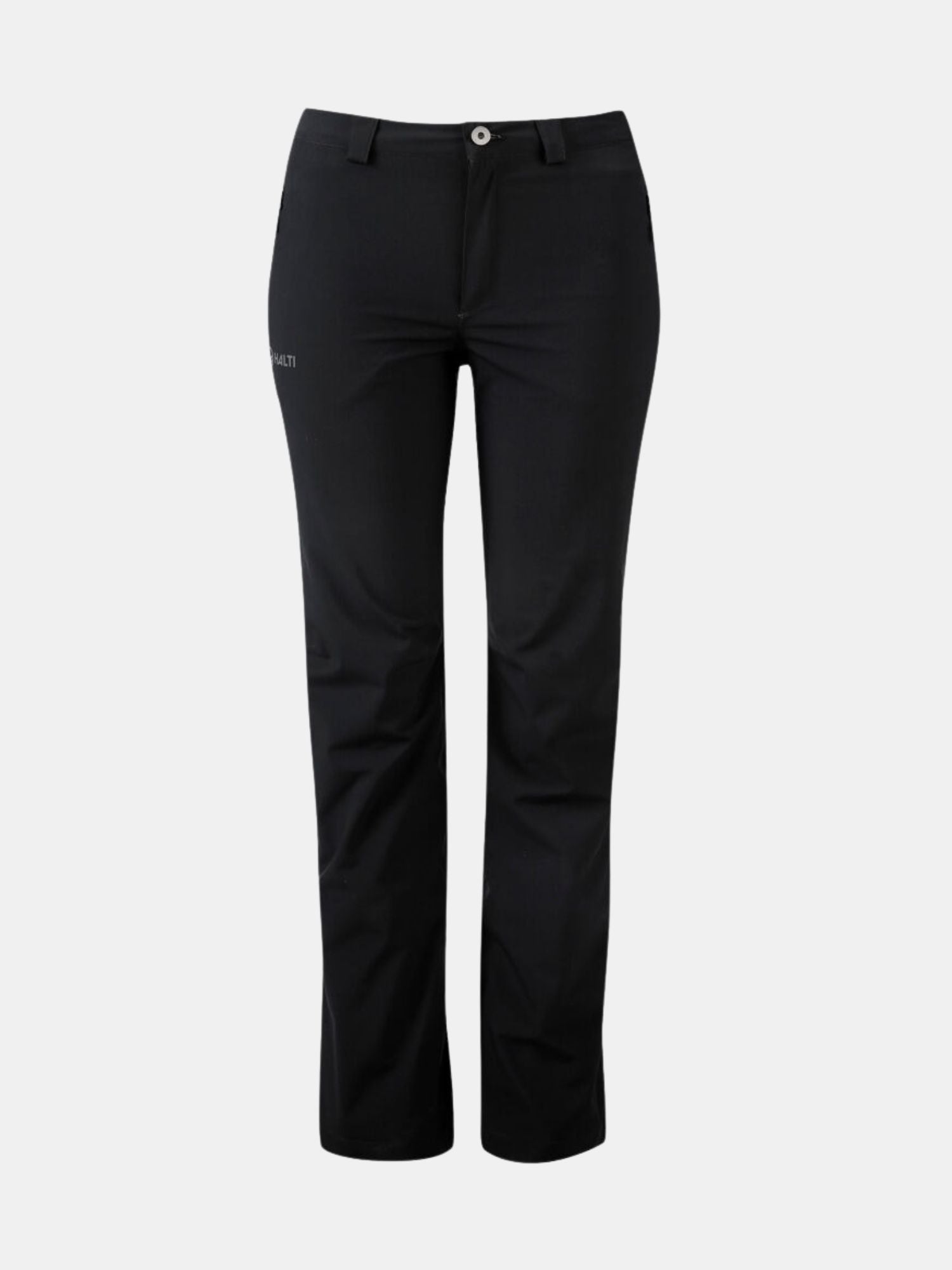 Leisti DX Skalbyxor Dam by Halti: svarta byxor med raka ben i återvunnen polyester med bälteshällor och knappstängning.