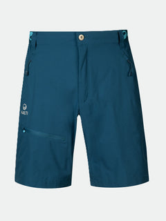 Halti Pallas Herr X-stretch Lite Shorts, blå med fickor med dragkedja och knappstängning, visas på vit bakgrund.