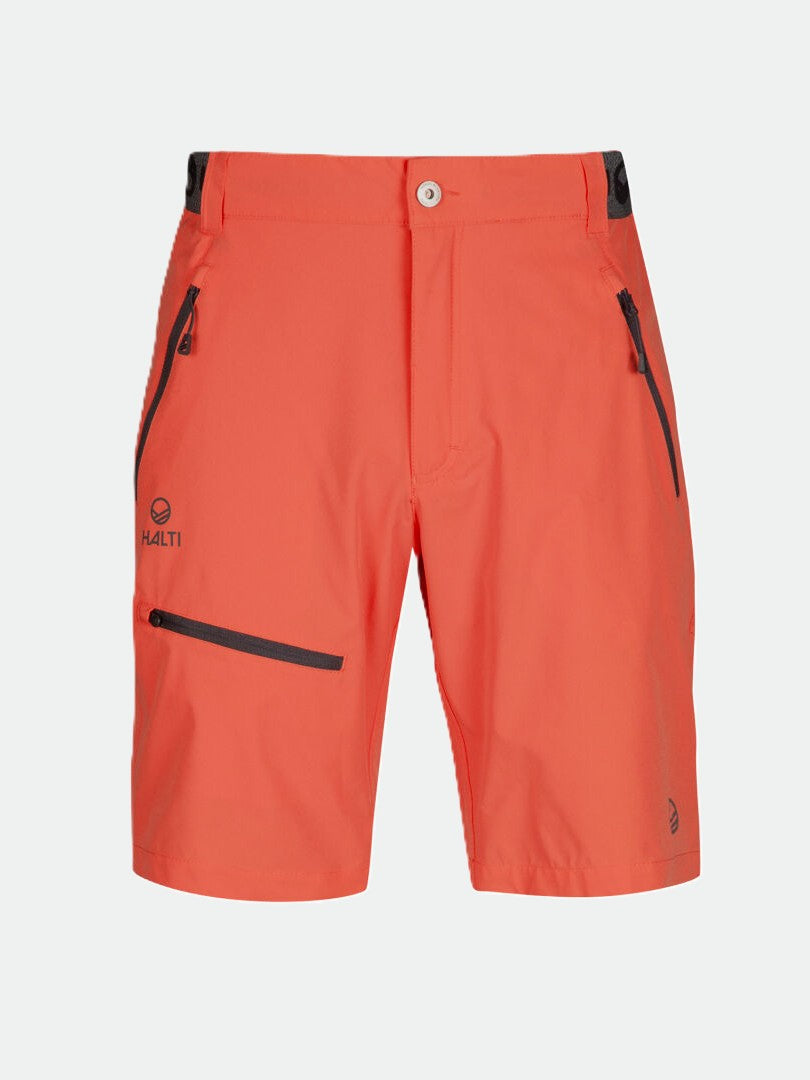 Framsida på Halti Pallas Herr X-stretch Lite Shorts i orange med fickor med dragkedja, knappstängning och Active Dry-material.