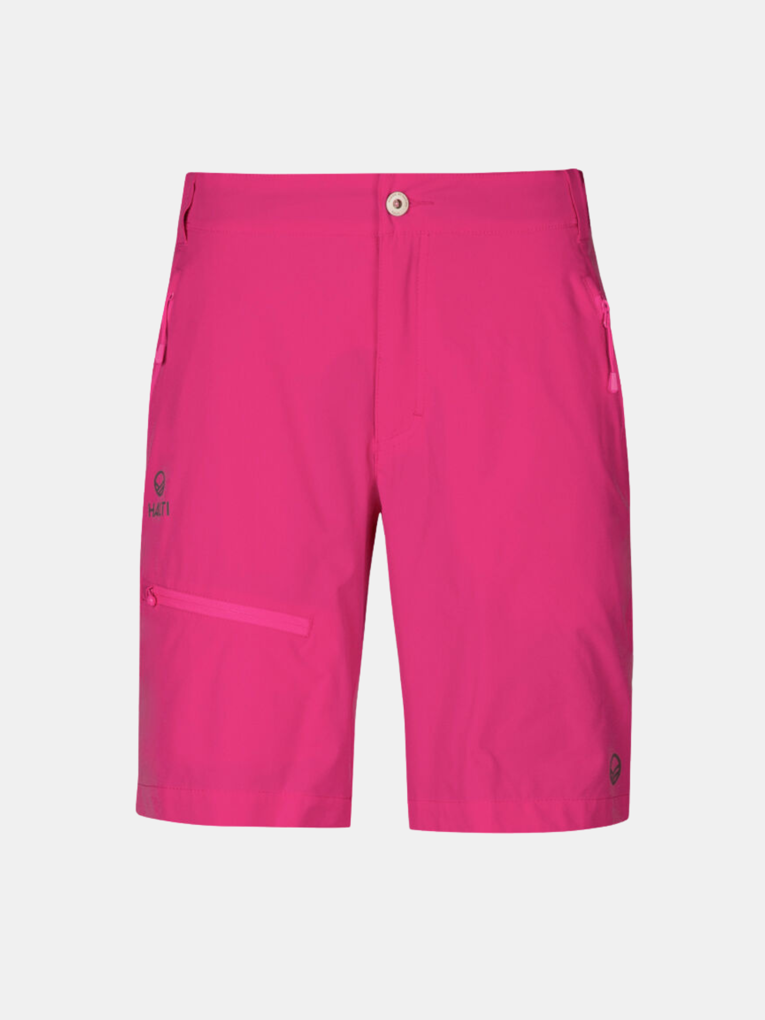 Ljusrosa Halti Pallas Dam X-stretch Lite Shorts med blixtlåsförsedda fickor och knappstängning på en enfärgad vit bakgrund.
