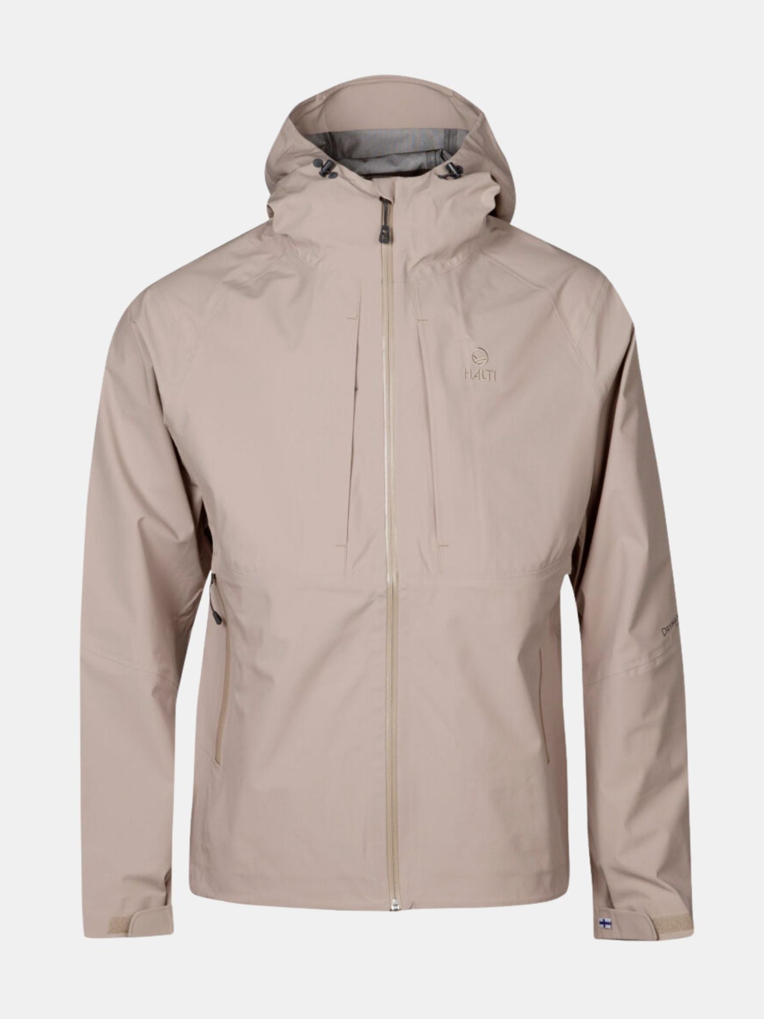 Halti Kaarna Herr DrymaxX 3L skaljacka i beige med huva, dragkedja fram och bröstfickor, på enfärgad bakgrund.