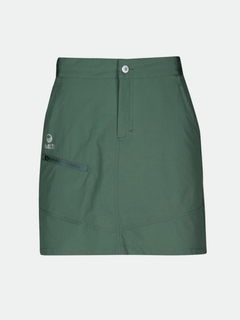 En grön Halti Pallas Dam Lite X-stretch kjol med knapp fram, liten ficka med dragkedja och logotyp på vänster sida.