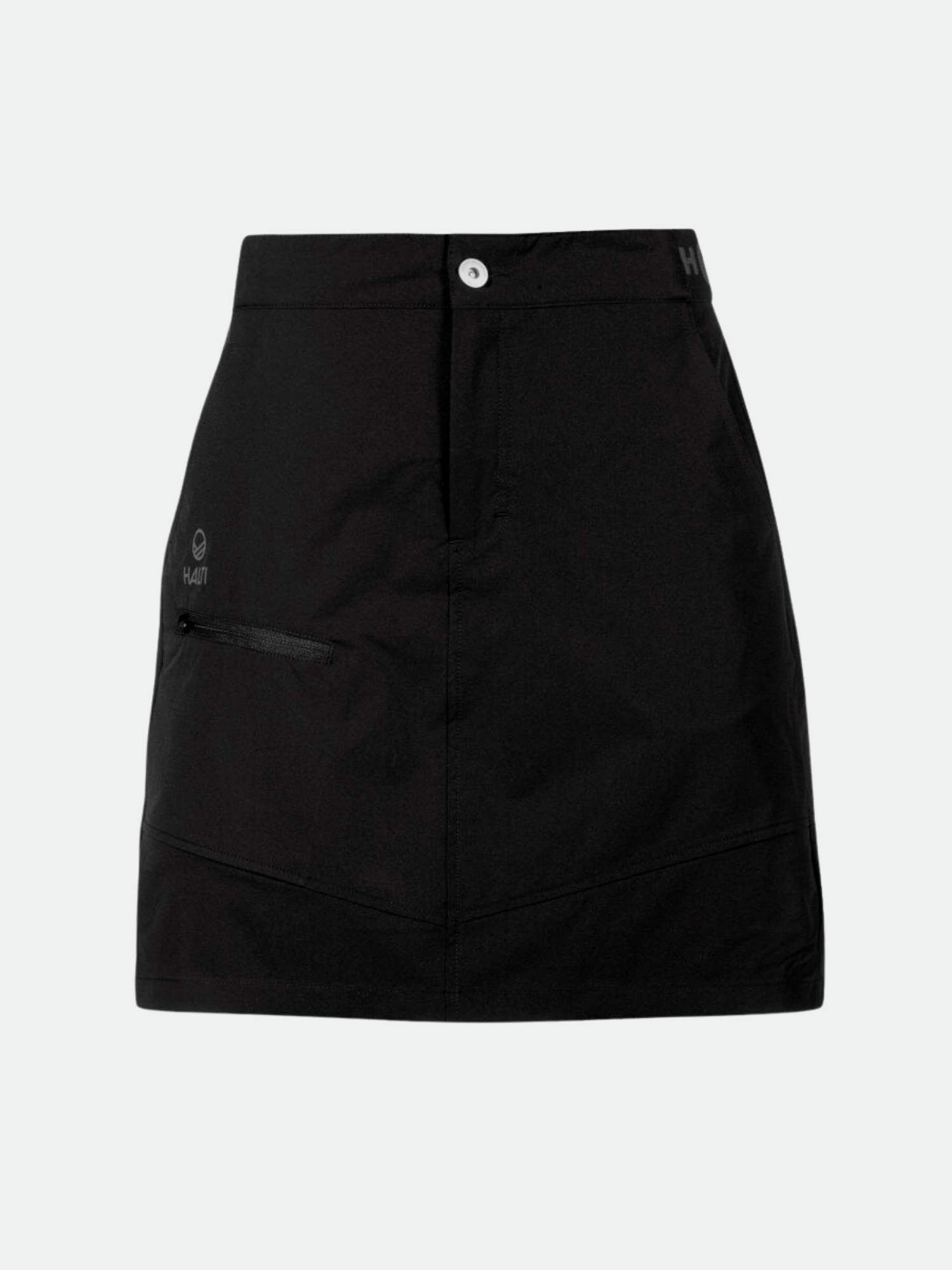 En svart Halti Pallas Dam Lite X-stretch kjol med knapp fram, dragkedja och en liten dragkedjeficka på vänster sida.