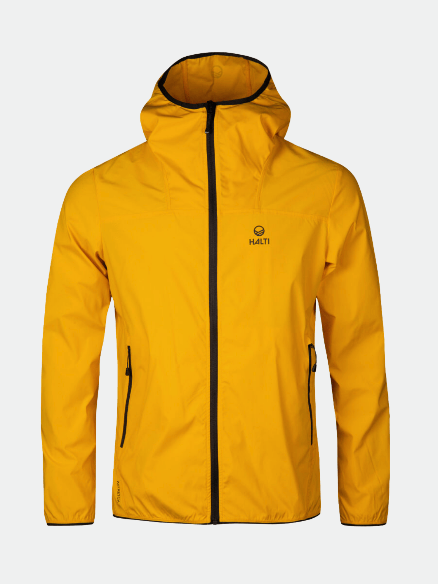 Halti Pallas Herr Lite X-stretch Jacka i gult med svarta blixtlås och logotyp, tillverkad av återvunnet material.