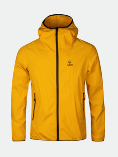 Halti Pallas Herr Lite X-stretch Jacka i gult med svarta blixtlås och logotyp, tillverkad av återvunnet material.