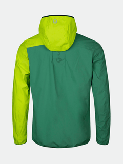 Halti Pallas Herr Lite X-stretch Jacka i grönt med ljusgul huva och ärmar, sedd bakifrån.