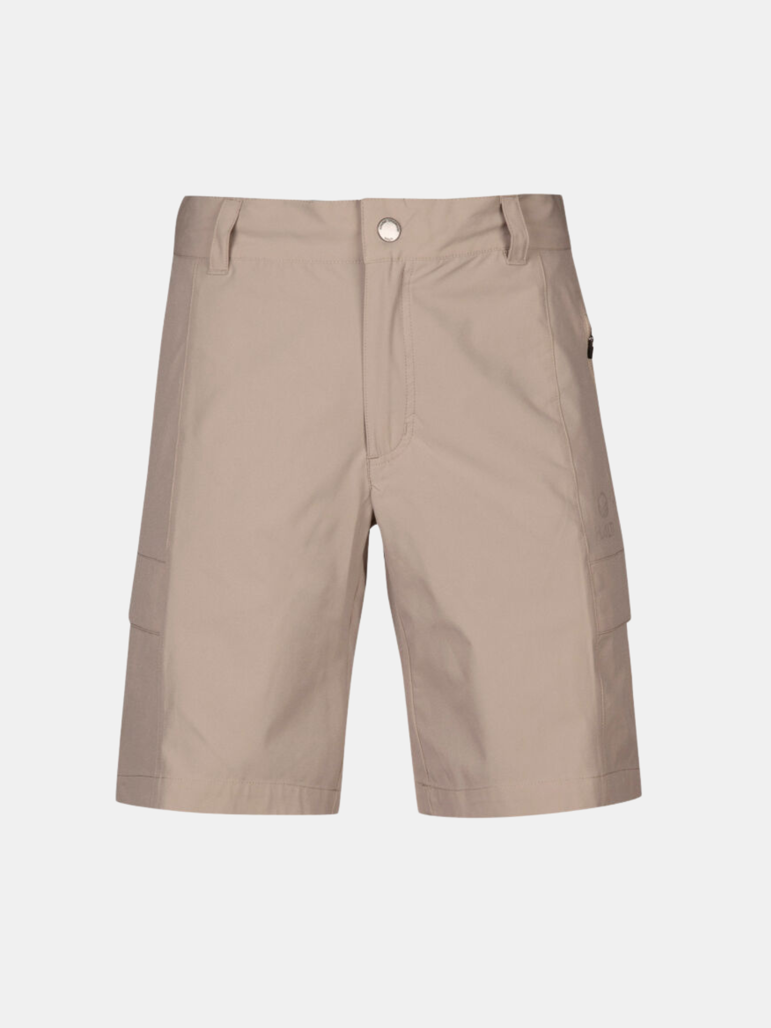 Halti Reissu Plus Dam Stretch Shorts – beige, knälånga, med bälteshällor och sidofickor, visade mot vit bakgrund.