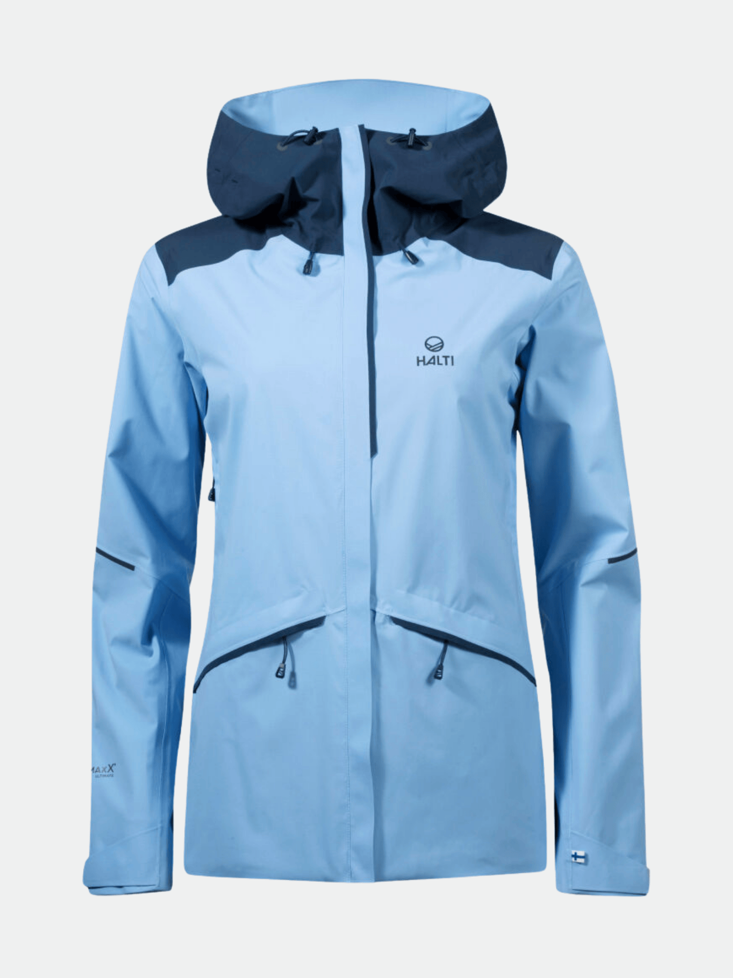 Halti Nummi Dam DrymaxX skaljacka i ljusblått med mörkblå axlar, dragkedjefickor och återvunnen polyester.