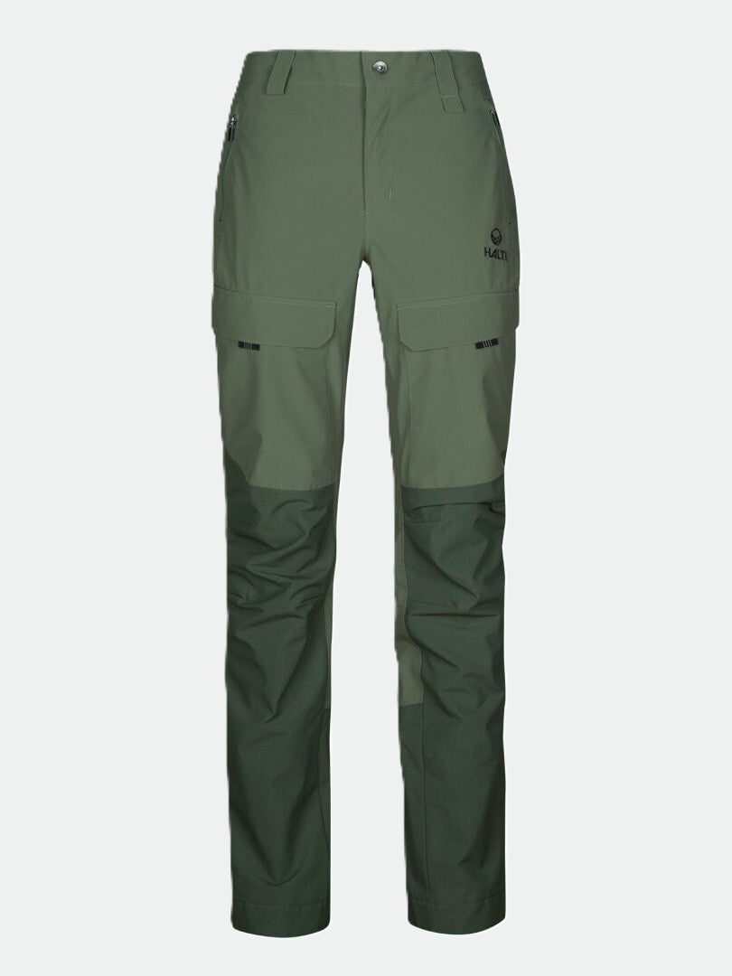 Halti Hiker DrymaxX 3L Ventilerad Byxor Dam i olivgrönt med framfickor och förstärkta knän, på en enfärgad bakgrund.