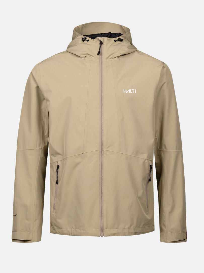 Halti Forter DX Skaljacka Herr är en beige vattentät jacka med huva, dragkedja fram, fickor med dragkedja och logotyp på bröstet.