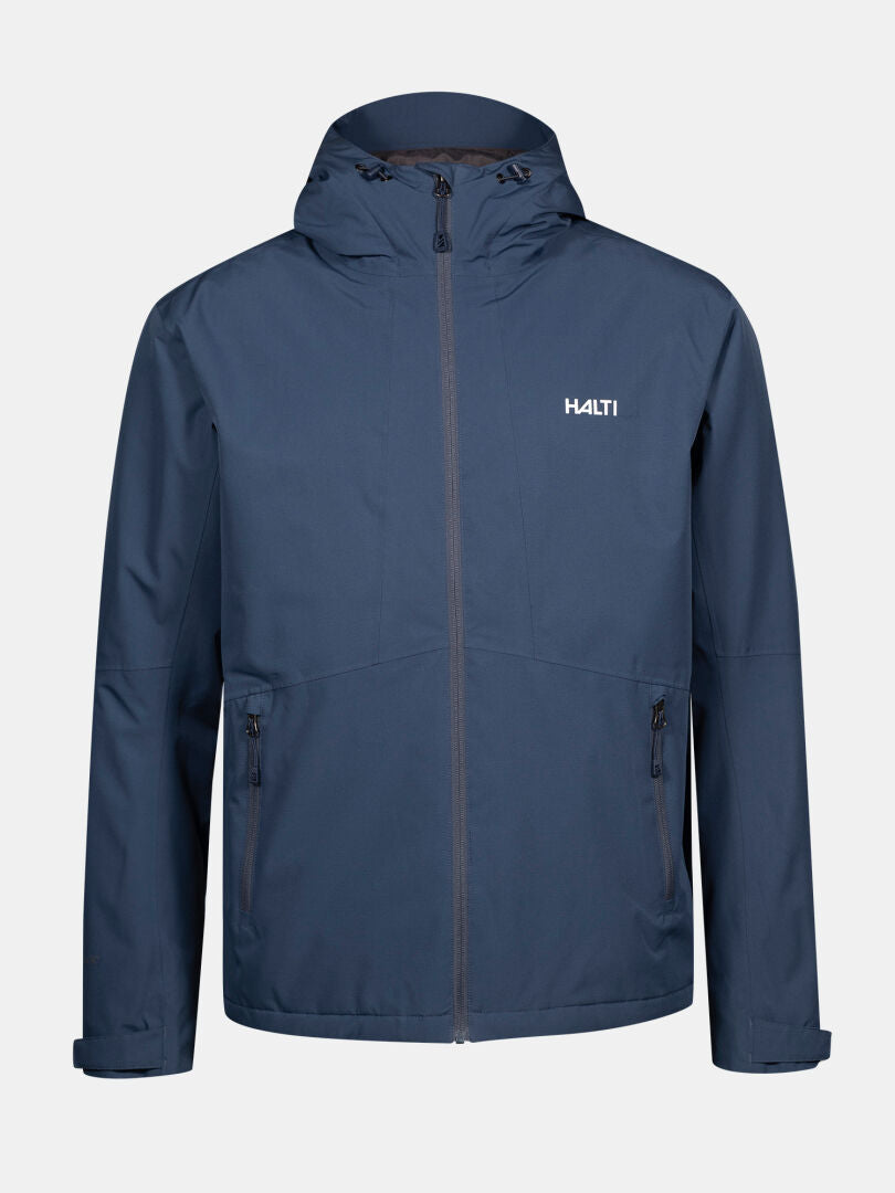 Halti Forter DX Skaljacka Herr är en marinblå, vattentät jacka med huva, fickor med dragkedja och Halti-logotyp.