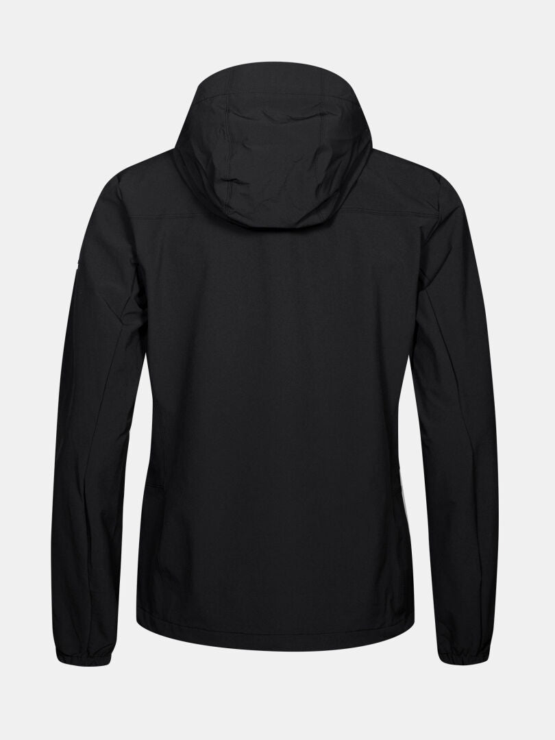 En svart Halti Pallas Evo X-stretch Jacka Dam visas bakifrån mot en vit bakgrund.