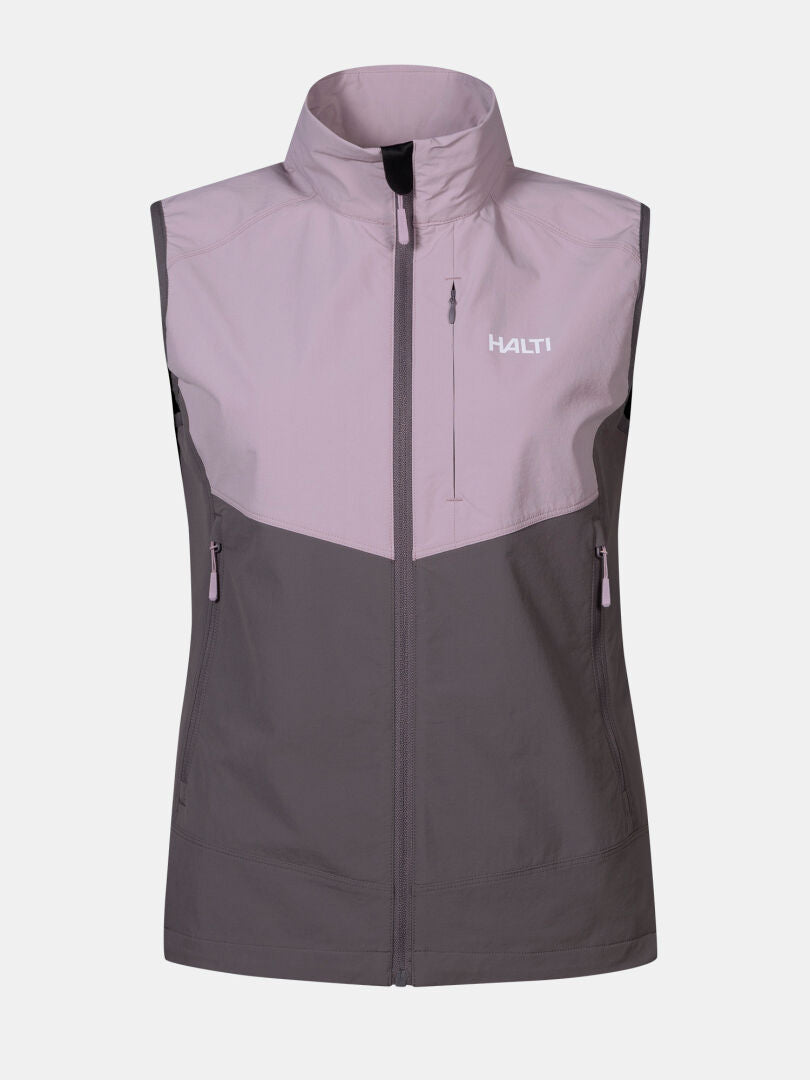 Halti Pallas Evo X-stretch Väst Dam: ärmlös, ljus mauve/mörkgrå, fickor med dragkedja, stretchigt material.