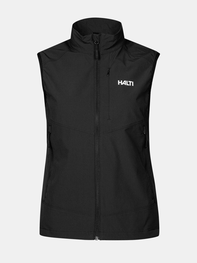 Halti Pallas Evo X-stretch Väst Dam i svart har dragkedja fram och HALTI-logotyp på vänster bröst.