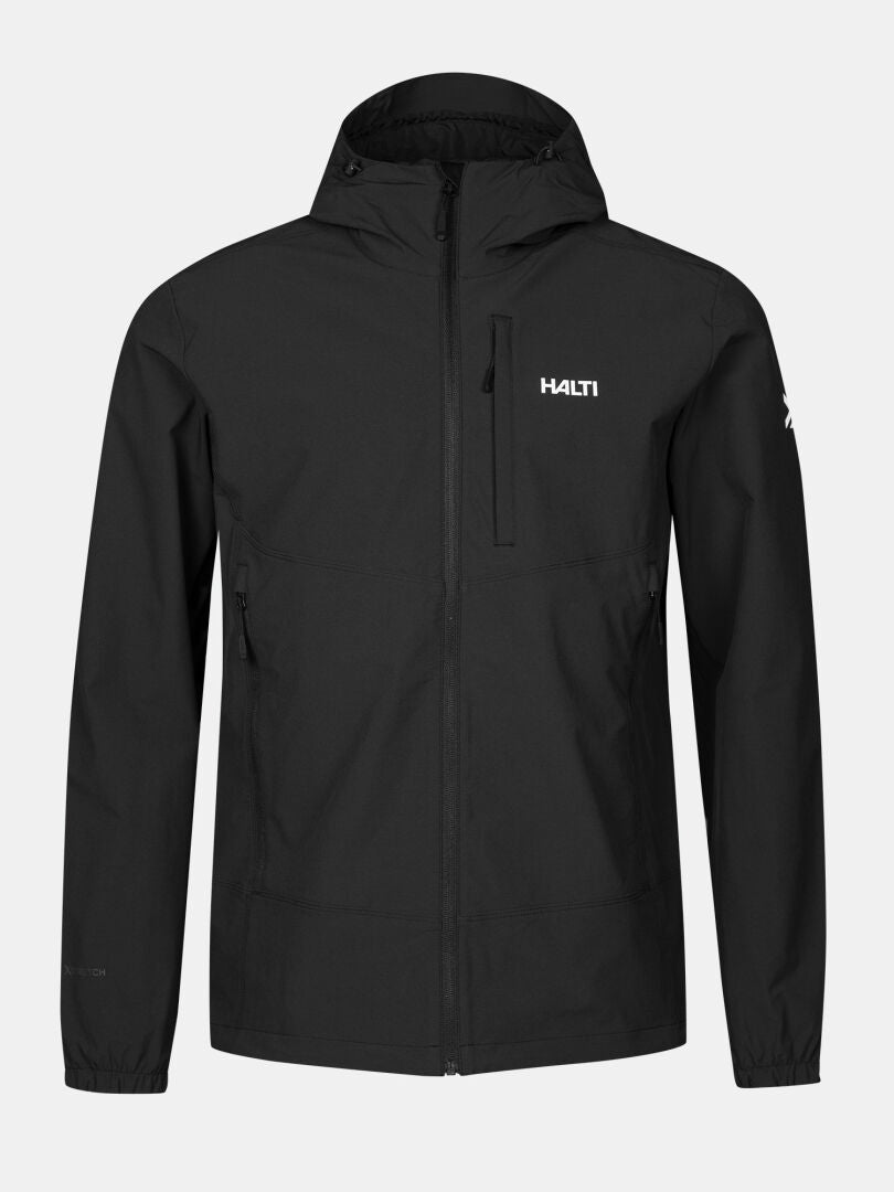 Halti Pallas Evo X-stretch Jacka Herr i svart med dragkedja fram, fickor med dragkedja och Halti-logotyper på bröst och ärm.