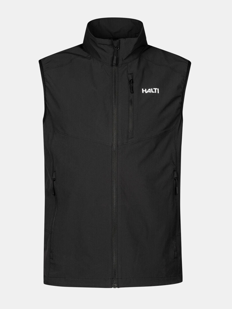 Halti Pallas Evo X-stretch Väst Herr i svart med hög krage och logotyp på bröstet, visas på enfärgad bakgrund.