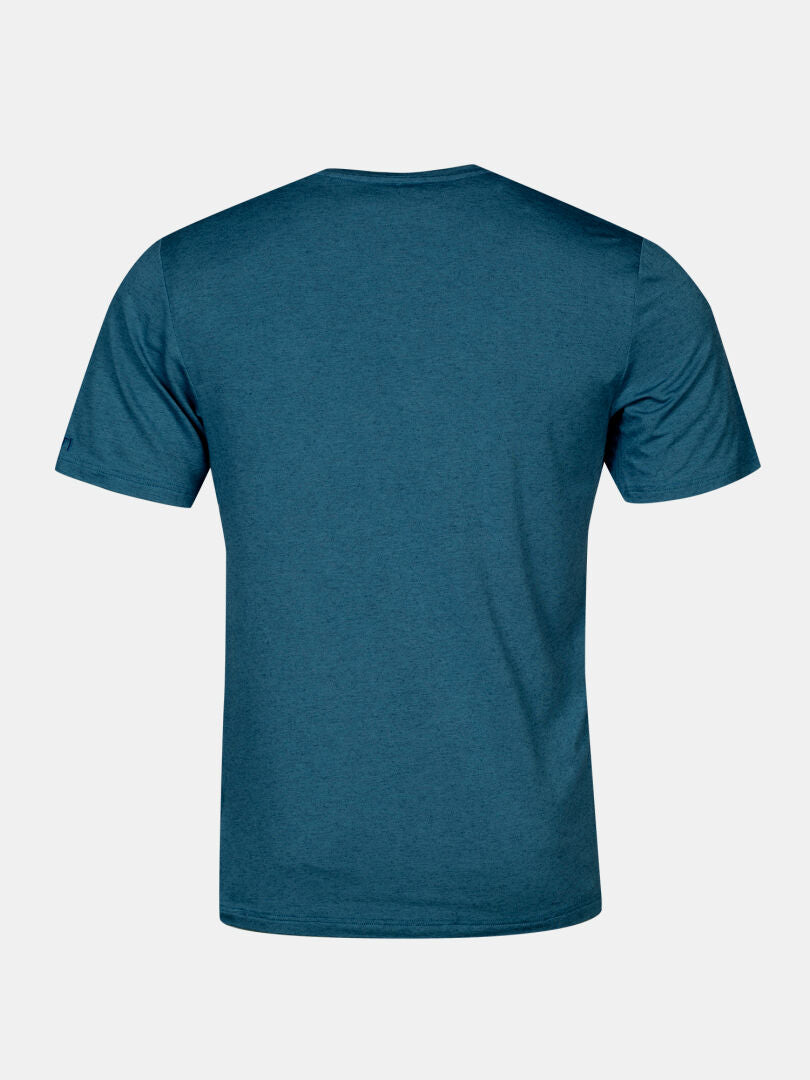 Halti Tuntu II Merino T-skjorta Herr i teal visas bakifrån mot en ljusgrå bakgrund.